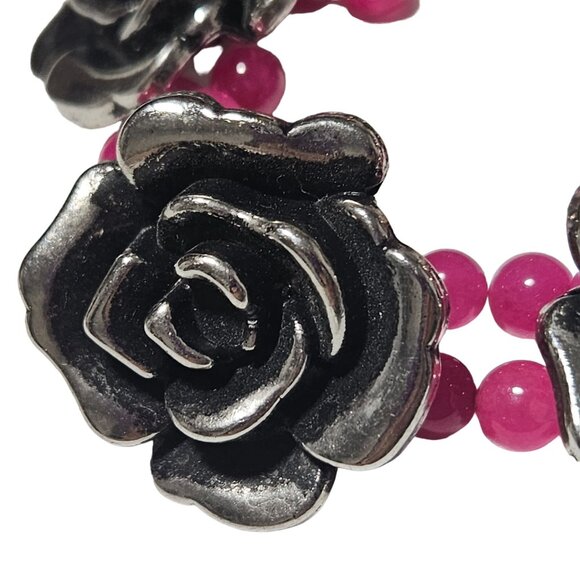 Vintage Silver Tone Carved Rose Pink Beaded Stretch Bracelet Fashion Jewelry - Picture 2 of 4
